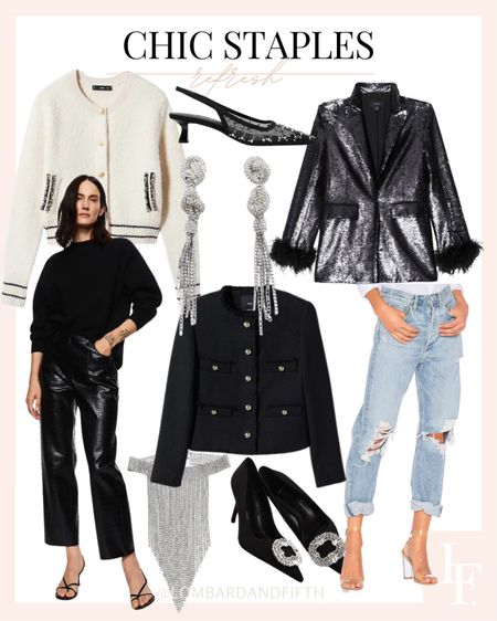 Chic workwear. Mango. Karen Millen. H&M. Denim. Jeans. Rhinestone pumps. Sequin blazer. Black sweater. Distressed. Neutral style. 

#LTKshoecrush #LTKsalealert #LTKunder100