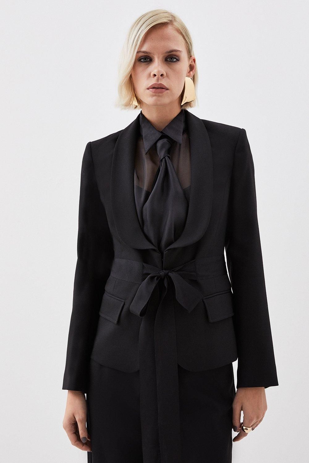 The Founder Premium Twill Tie Waist Detail Blazer | Karen Millen UK + IE + DE + NL