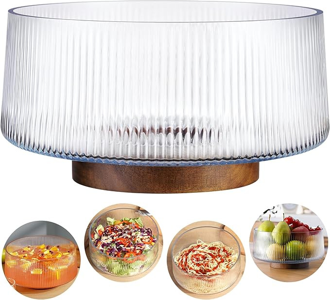 NiHome Extra Large Glass Salad Bowl with Natural Acacia Wood Base, Ribbed Design Oversized Capaci... | Amazon (US)