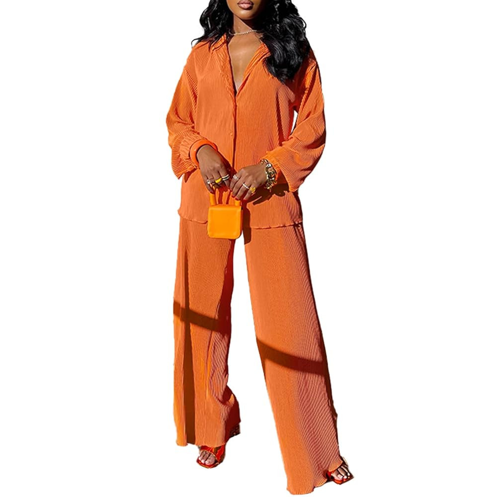 kaimimei Casual 2 Piece Outfit for Women - Linen Long Sleeve Button Down Shirt + Flare Pleated Wi... | Amazon (US)