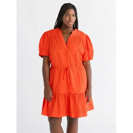 Free Assembly Women's and Women's Plus Cotton Eyelet Tiered Mini Dress with Puff Sleeves, Sizes XS-4X | Walmart (US)