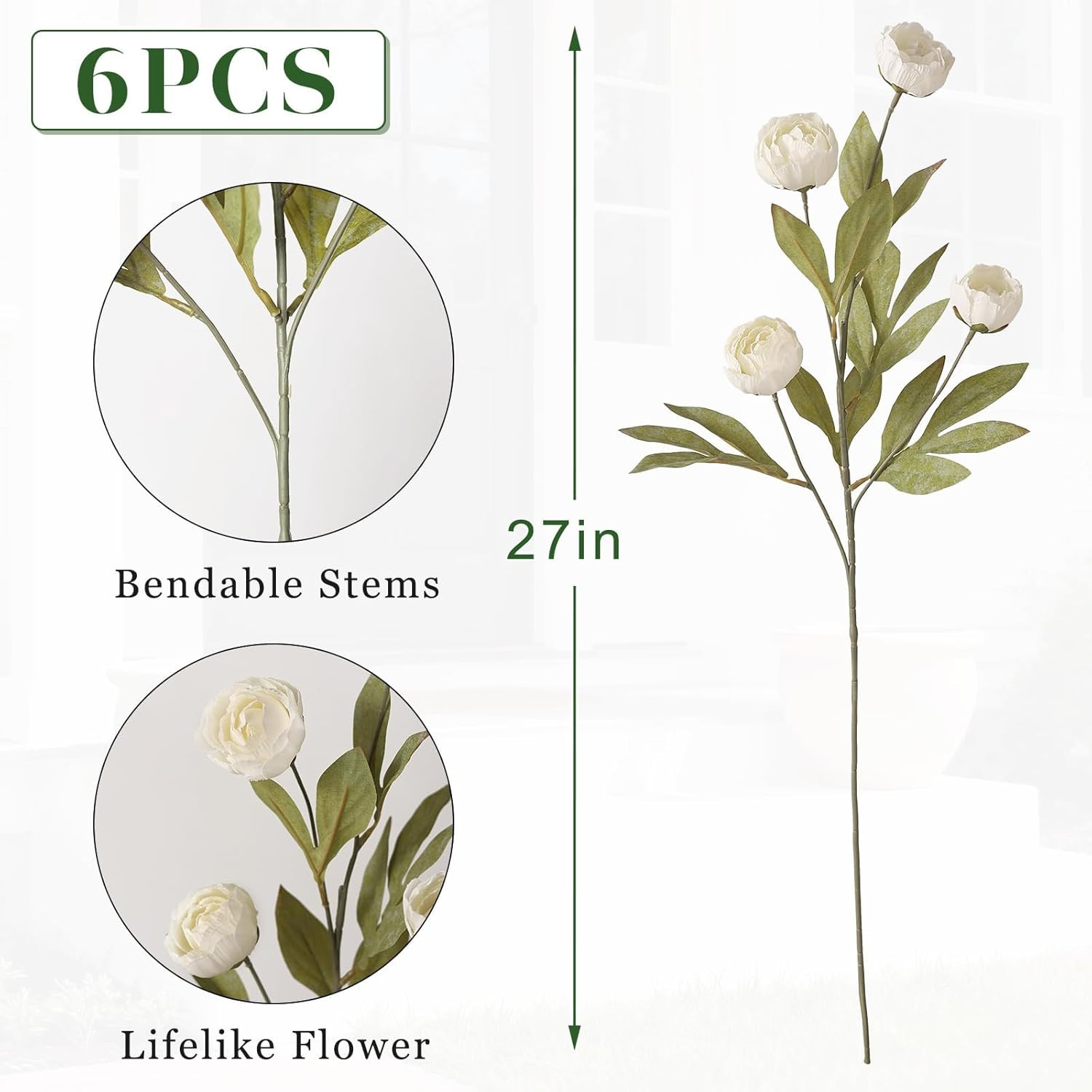 6 PCS Artificial Peony Branches for Vase - 27" Fake Silk Peonies Stems Look Real Faux Flowers for... | Amazon (US)