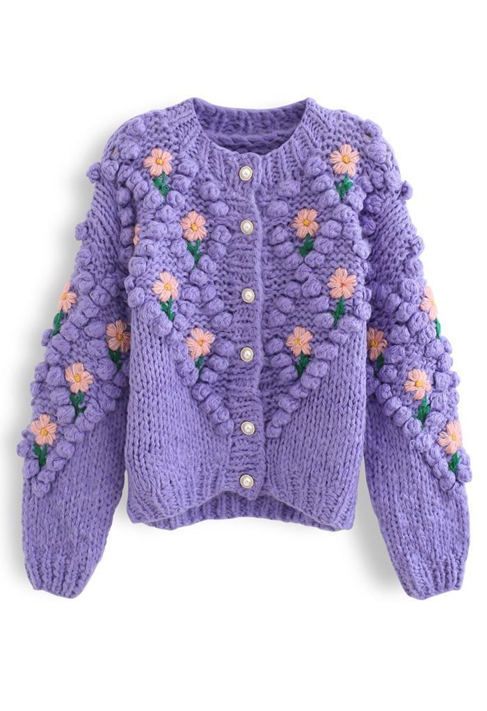 Stitch Floral Diamond Pom-Pom Hand Knit Cardigan in Purple | Chicwish