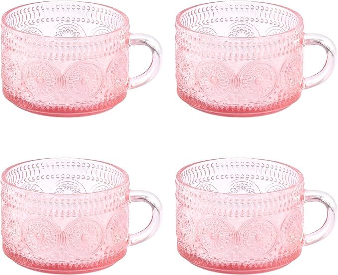 Vintage Glass Coffee Mugs Set of 4-14 oz Pink Embossed Glass Cups for Cappccino, Latte, Cereal, Y... | Amazon (US)