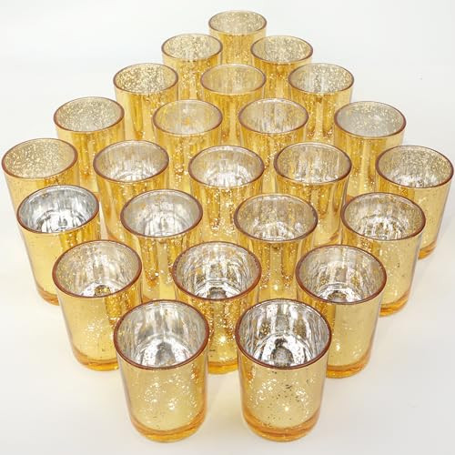 TBWIND 24 Pcs Gold Votive Candle Holders, Speckled Mercury Gold Glass Candle Holder Bulk for Wedding Centerpiece Table Decor, Tea Lights Candle Holder for Valentines Day Decor, Home Decor | Amazon (US)