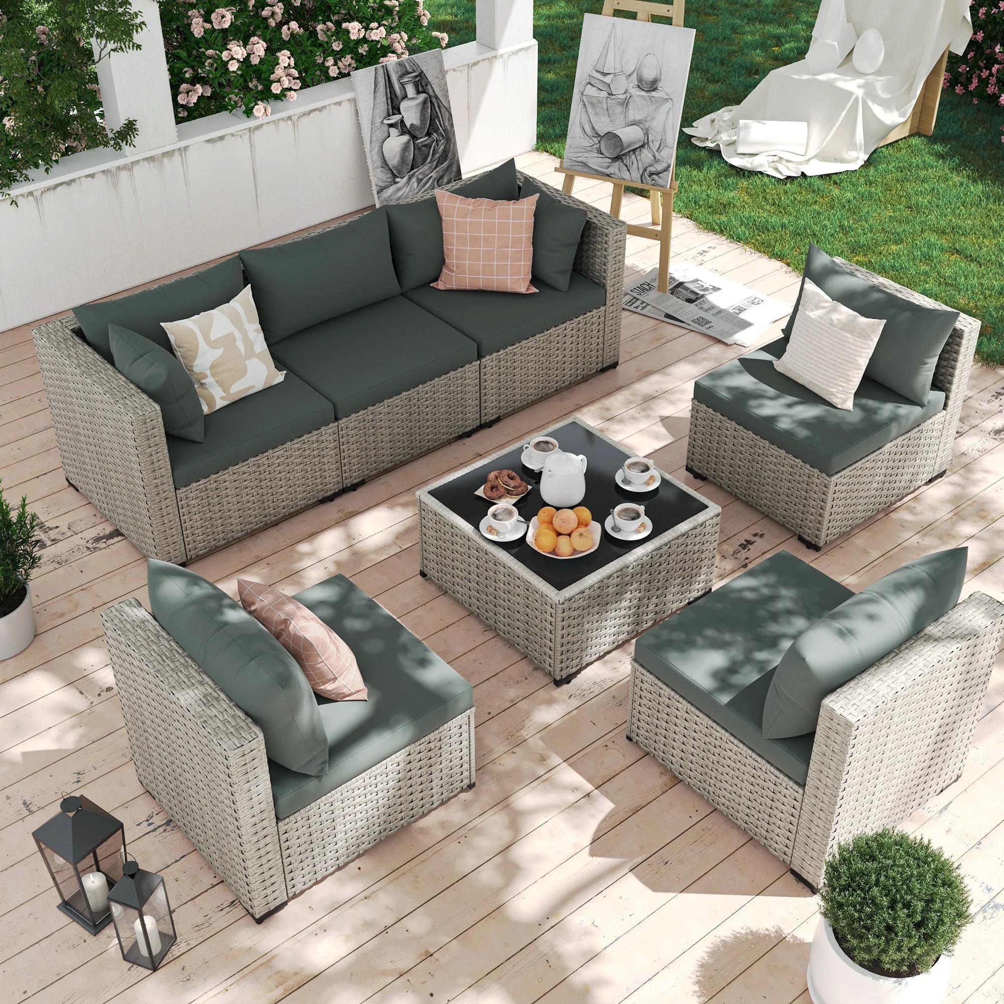 ECOPATIO 7 Pieces Patio Conversation Set, Outdoor Sectional PE Rattan Wicker Furniture Seat,Dark ... | Walmart (US)