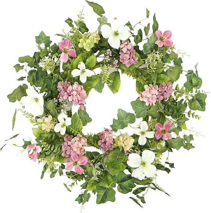YNYLCHMX 20" Spring Flower Wreath with Pink Hydrangea & Green Eucalyptus Leaves, Artificial Wreat... | Amazon (US)