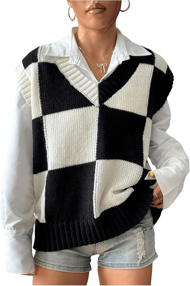 Verdusa Women's Checkered Sweater Vest Old Money Knit Tops 2025 Fall Trendy Cap Sleeve Sweater Ve... | Amazon (US)