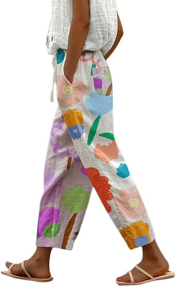 chouyatou Women's Vintage Floral Print High Elastic Waist Wide Leg Capri Beach Palazzo Pants with... | Amazon (US)