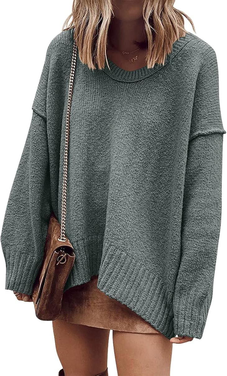 Prinbara Women's Oversized Long Sleeve V Neck Off The Shoulder Baggy Comfy Knit Pullover Sweaters | Amazon (US)