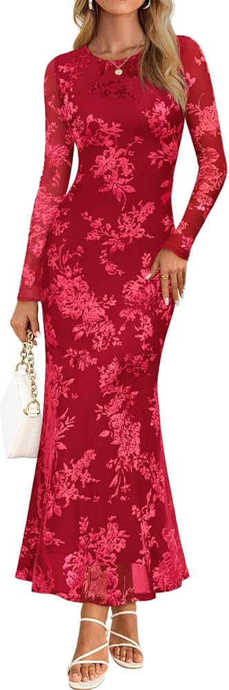 MEROKEETY Women's 2026 Spring Wedding Guest Maxi Dress Long Sleeve Bodycon Floral Mesh Fall Cockt... | Amazon (US)