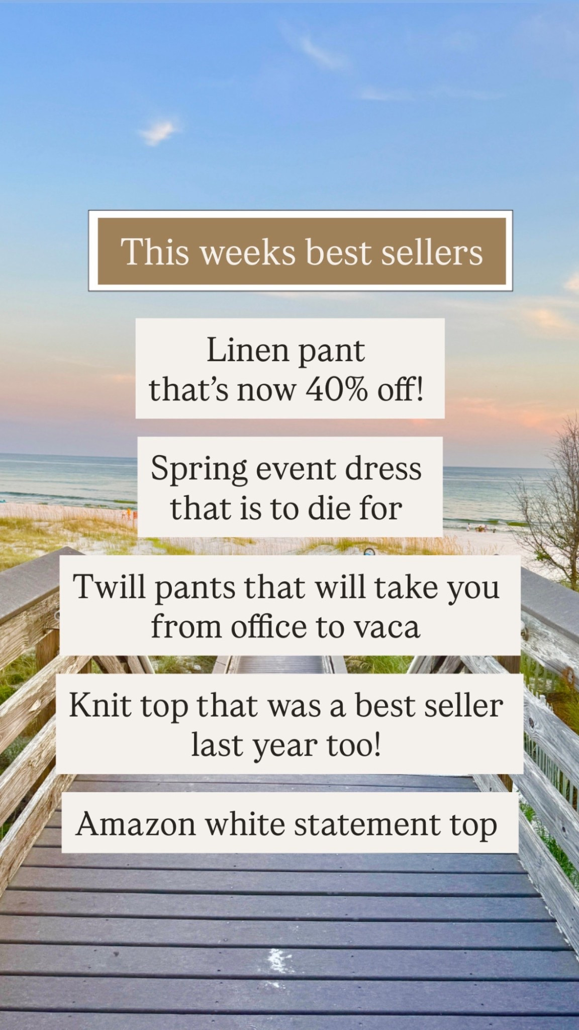 Weekly best sellers! 

Tall friendly pants - code rachelxspanx will get new customers a discount on the blue twill pant
Wedding guest dress or even dress 
Knit top 
Amazon white top 

#LTKSeasonal #LTKTravel #LTKSaleAlert