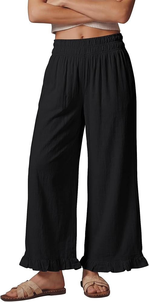 GRAPENT Linen Pants Women Wide Leg Ruffle Hem Pull On High Waisted Elastic Waist Cropped Ankle Ca... | Amazon (US)