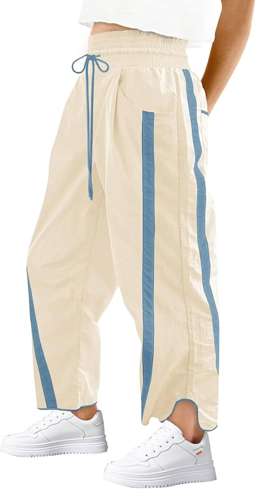 aswulk Womens Wide Leg Pants Baggy Drawstring Elastic Waist Stripe Casual Track Pants | Amazon (US)