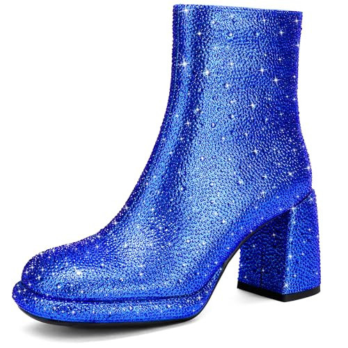FINDVELL Royal Blue Rhinestone Boots For Women Chunky Block Heeled Sparkly Platform Ankle Booties Glitter Shoes Wedding Bride Size 9.5 | Amazon (US)
