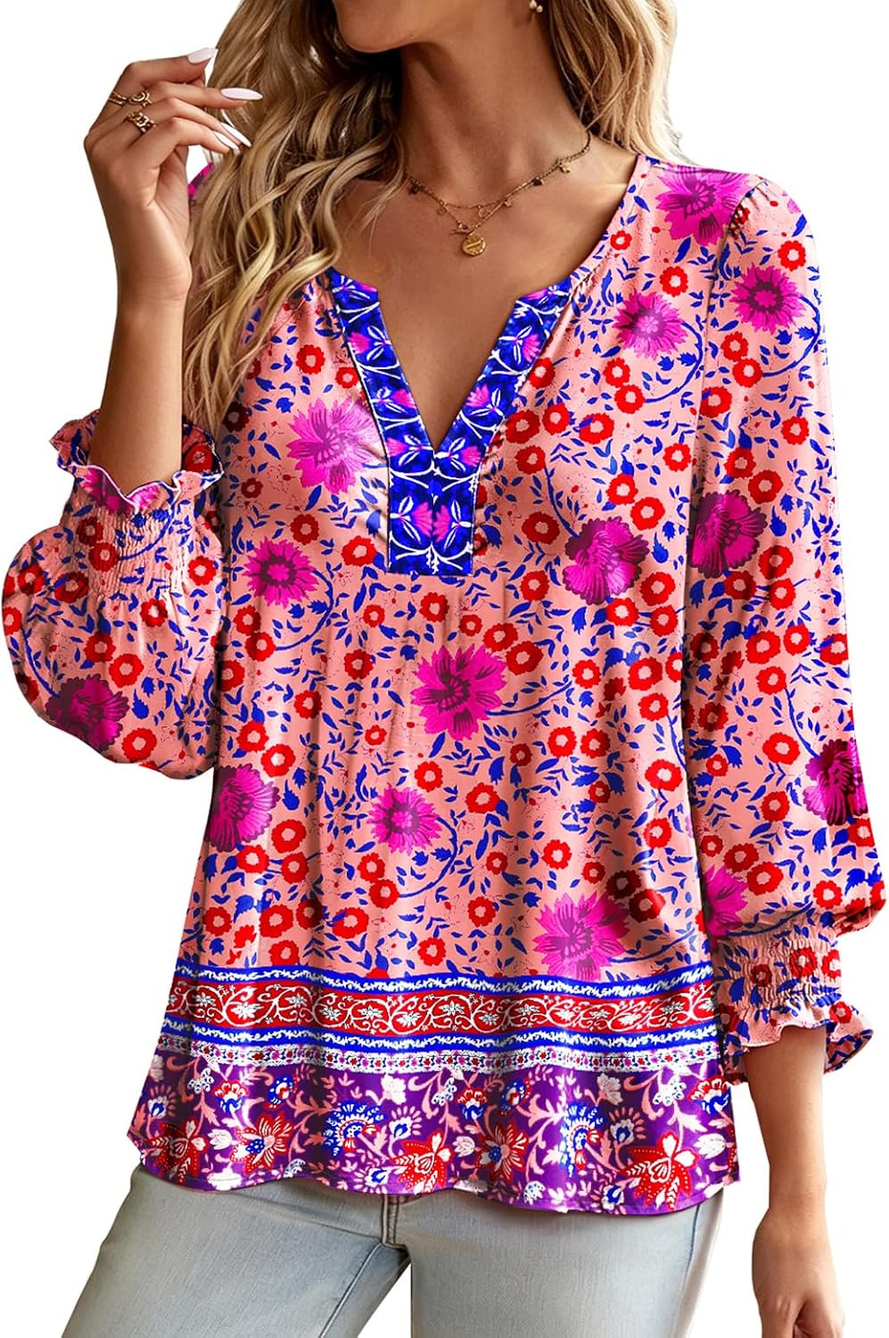 Women's Boho Tops Cotton Dressy Casual Blouses Puff Sleeve Ruffle Shirts Flowy Fall Tunics HTY | Amazon (US)