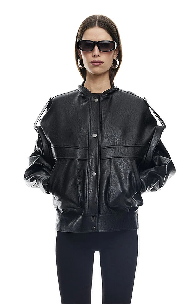 LIONESS Women's Faux Leather Madame Oversized Bomber Jacket in Black - Size Medium | PacSun