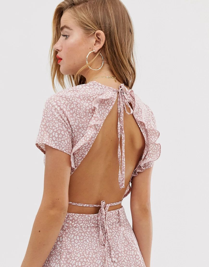 In The Style x Dani Dyer frilly open back crop top in pink leopard-Multi | ASOS (Global)