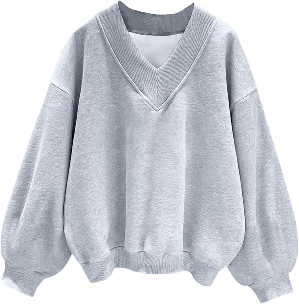 Hilinker Womens V Neck Oversized Sweatshirts Casual Drop Shoulder Long Sleeve Pullover Tops | Amazon (US)