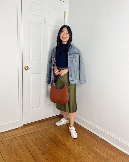 Denim jacket (SP)
Navy top (XS)
Olive green skirt (S)
Brown bag
White sneakers (TTS)
Spring outfit
Casual outfit
Weekend outfit

#LTKstyletip #LTKSeasonal #LTKfindsunder50