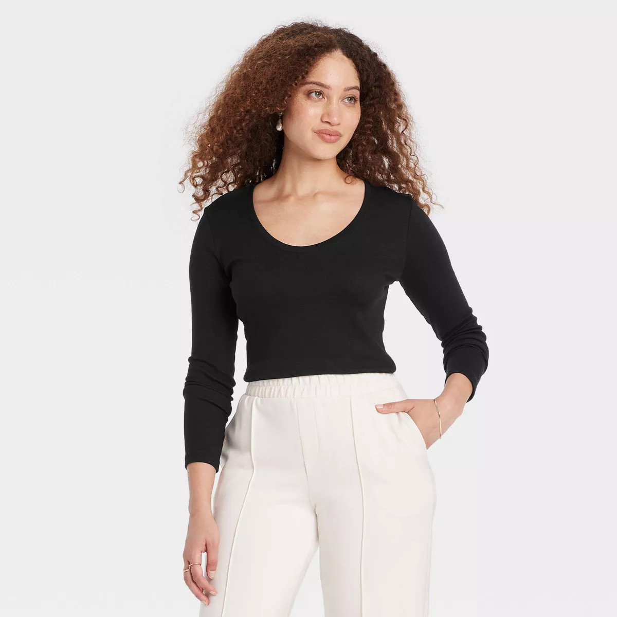 Women's Slim Fit Long Sleeve Scoop Neck Ribbed T-Shirt - A New Day™ Black S | Target
