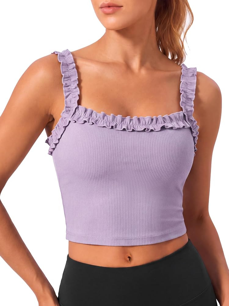 Aoysky Womens Ruffle Strap Padded Longline Sports Bras with Bulit in Bra | Amazon (US)