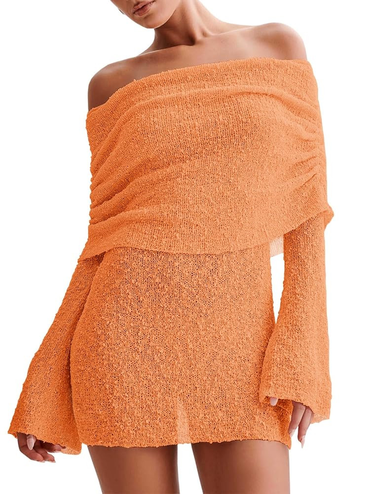 Imily Bela Womens Beach Swimsuit Cover Ups Summer Off The Shoulder Long Bell Sleeve Sheer Mini Dr... | Amazon (US)