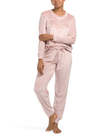 Velvet Fleece Rhinestone Joggers And  Crew Neck Top Pajama Set | TJ Maxx