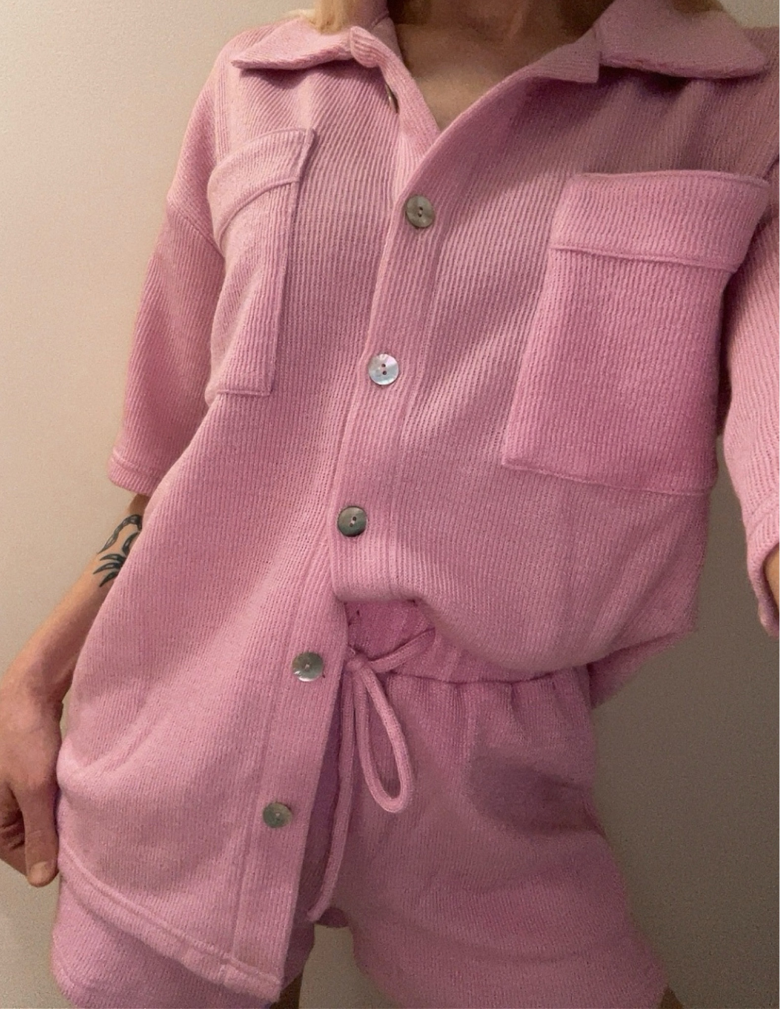 Couldn’t link - set from White Fox Boutique. 
It is called the Main Vibe Button Up
 (S/M)with the Main Vibe Relaxed Shorts (XS) in the colour bubblegum. 