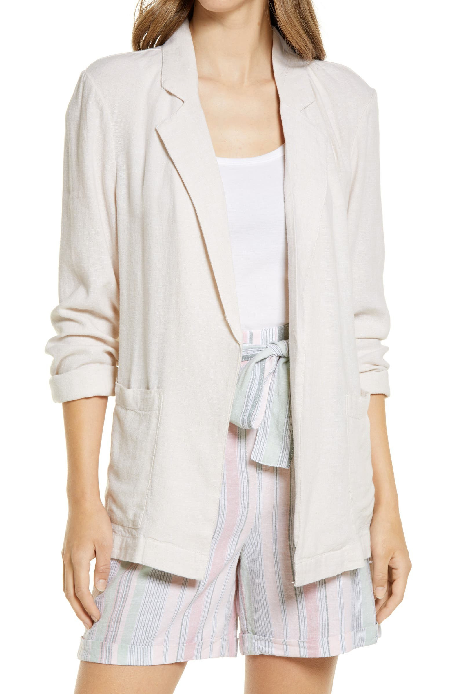 Open Front Stripe Linen Blend Blazer | Nordstrom
