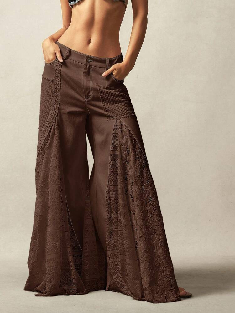 Bohemela Bohemian Style Solid Color Woven Flared Pants, Mid-Waist | SHEIN