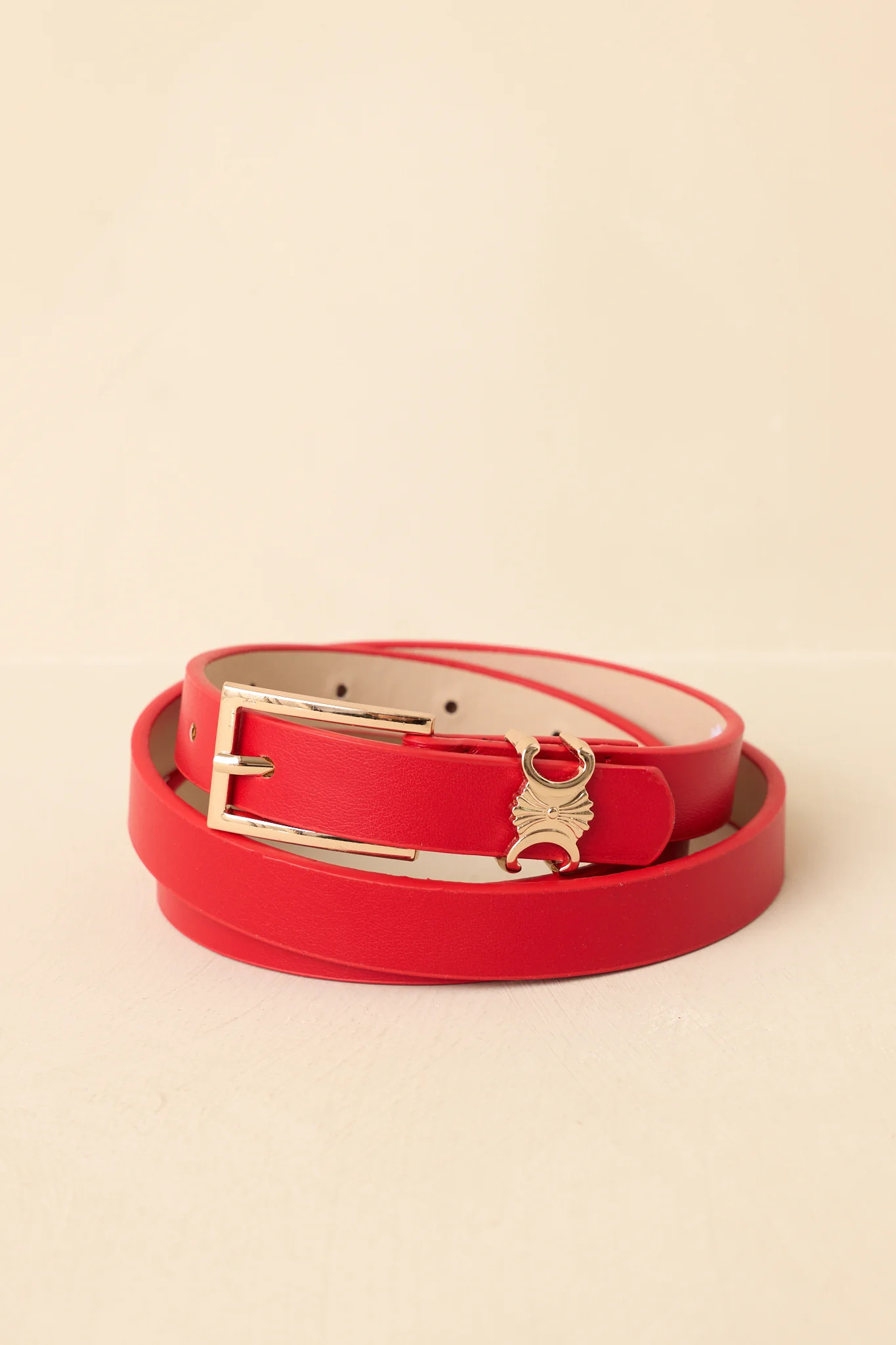 Polished & Poised Red Faux Leather Gold Accent Slim Belt | Red Dress