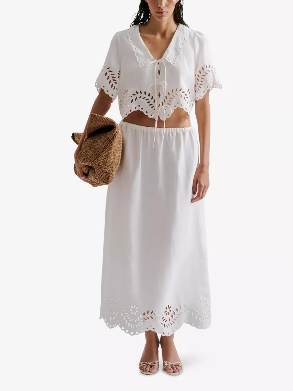 Chara Elasticated-Waist Broderie-Anglaise Linen-Blend Maxi Skirt | Selfridges