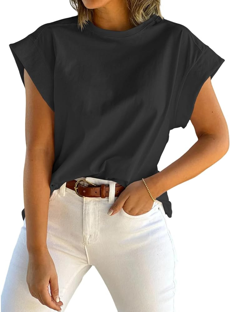 Tankaneo Womens Summer Cap Sleeve Tank Top Crew Neck Solid Casual Loose Fit Basic Tee Shirt | Amazon (US)