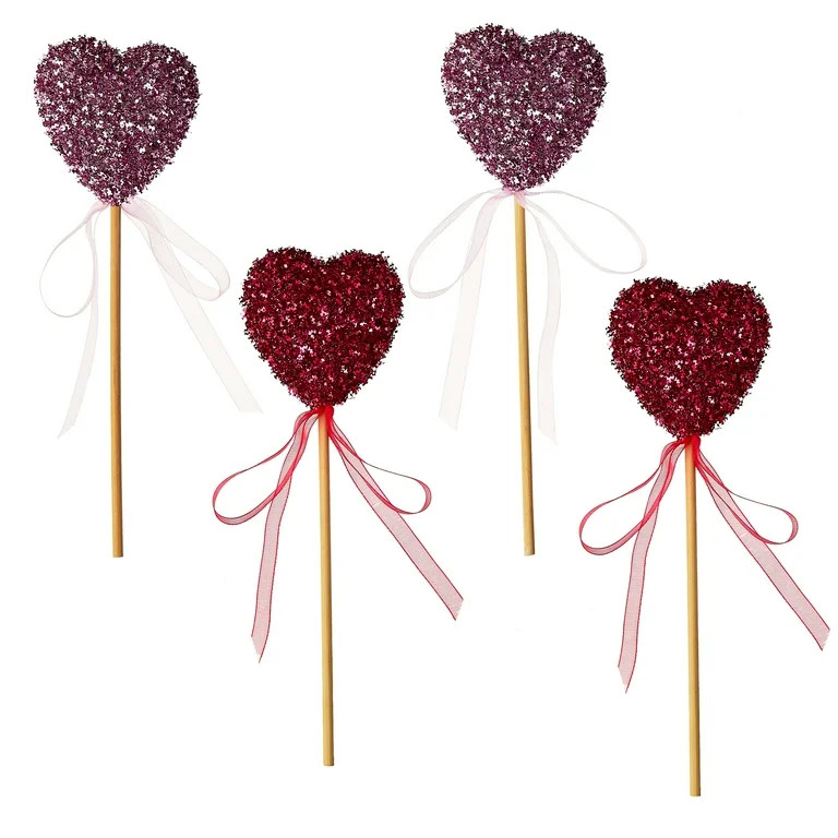 Valentine's Day Red & Pink Tinsel Heart Picks, 8", 4 Count, by Way To Celebrate - Walmart.com | Walmart (US)