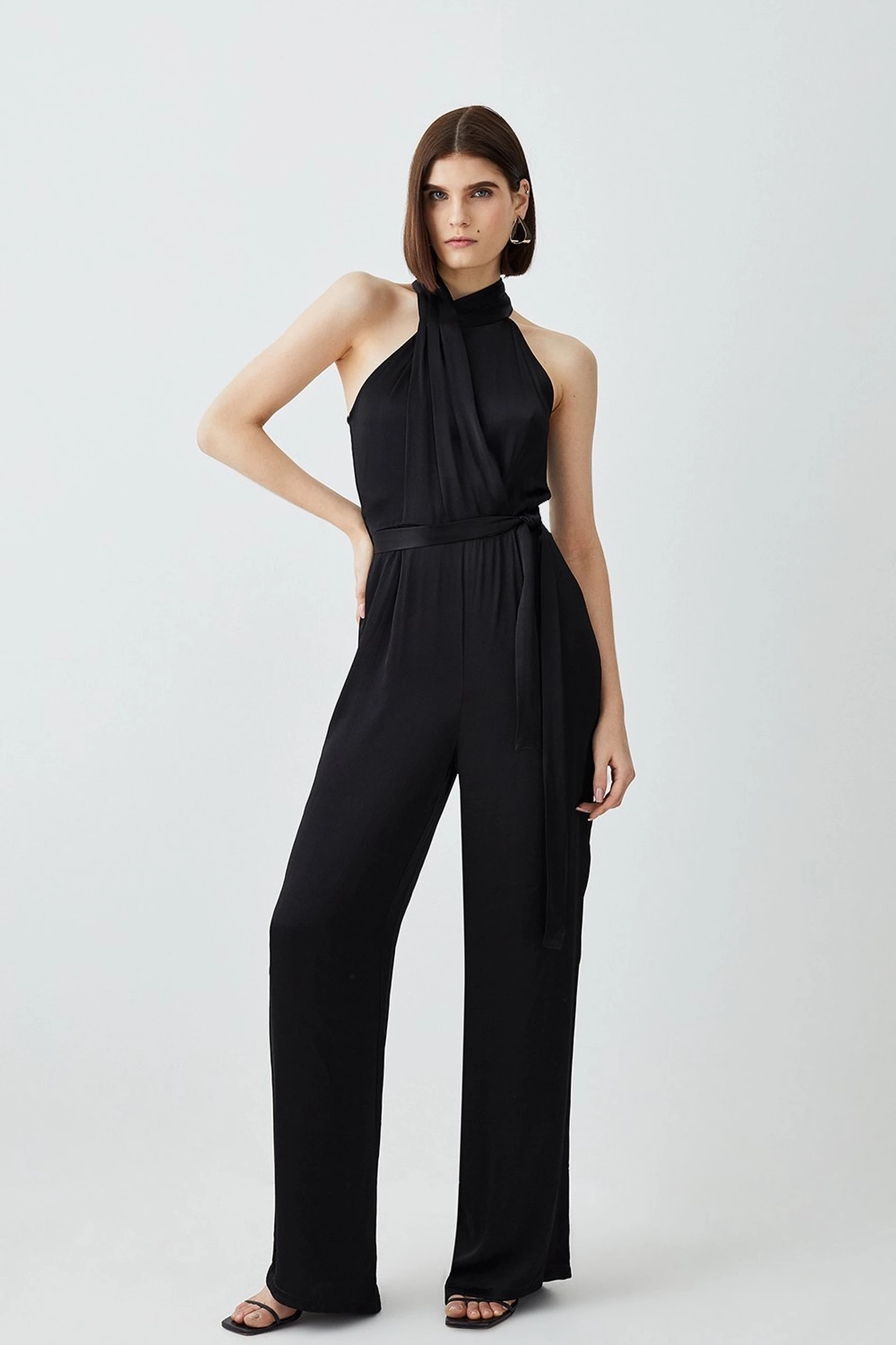 Satin Halter Neck Woven Jumpsuit | Karen Millen UK + IE + DE + NL
