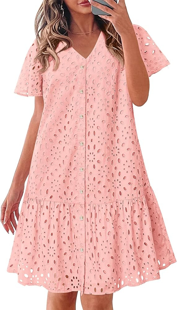 KIRUNDO Summer Dresses for Women 2025 Button Down V Neck Short Sleeve Hollow Out Lace A Line Casu... | Amazon (US)