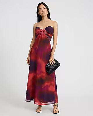 Mesh Printed Strapless Sweetheart Maxi Dress | Express