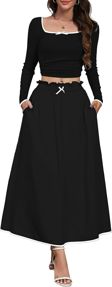 Womens Two Piece Skirt Set 2024 Trendy Fall Outfits Sets Ribbed Knit Long Sleeve Crop Top Midi Lo... | Amazon (US)