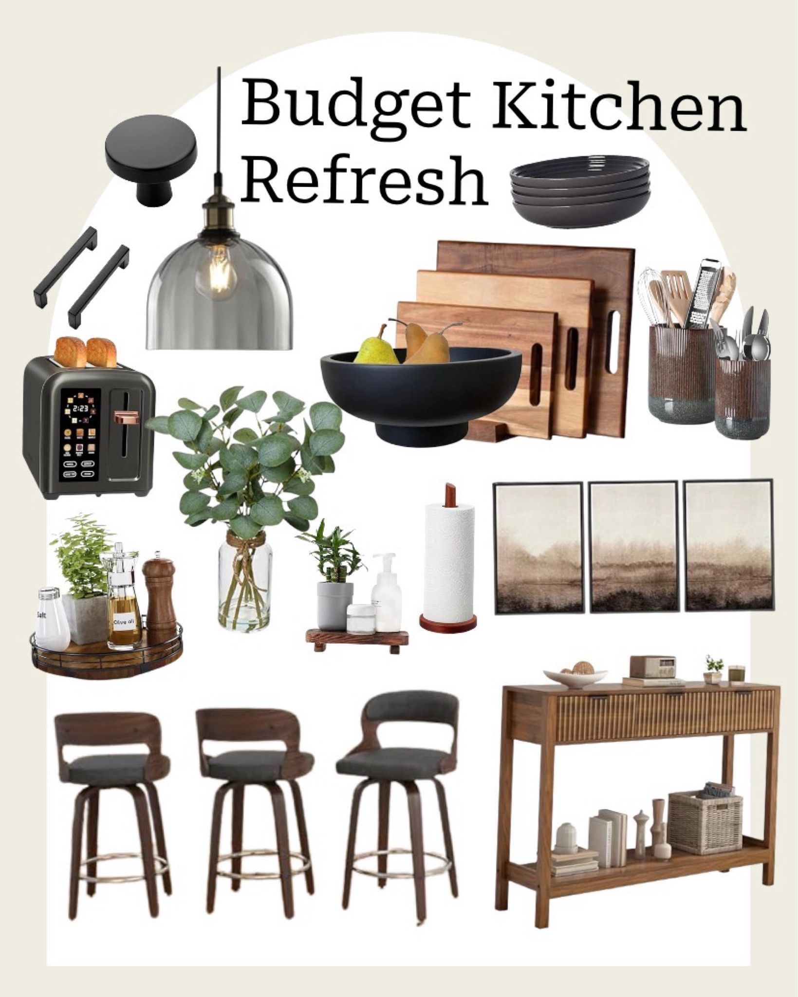 Looking to refresh your white kitchen on a budget? These finds will draw the eye up from the stark white of cabinets and countertops. It adds contrast with ceramics and warm-cool tones and depth with glass, as well as natural elements of effortless wood plants and wood grains. While I encourage everyone to shop locally for art and support local artists, if you are staging a home a budget option would be art prints in a mix of the new tones. Whether it is counter chairs or pendant lights you will find a way to divide the space with contrast. These are clickable on my Storefront & I will tag the closest items to these as other options#LTKMostLoved 

#LTKSaleAlert #LTKHome
