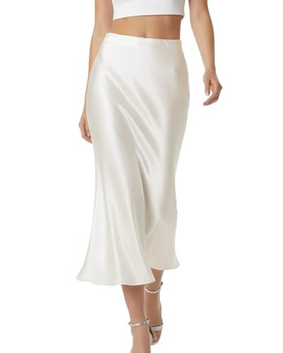 BEAUTYZIN Women's Elegant Satin Skirt Long Silk High Waist Flared Cocktail Party Wedding Office Fishtail Midi Skirts White Medium | Amazon (US)