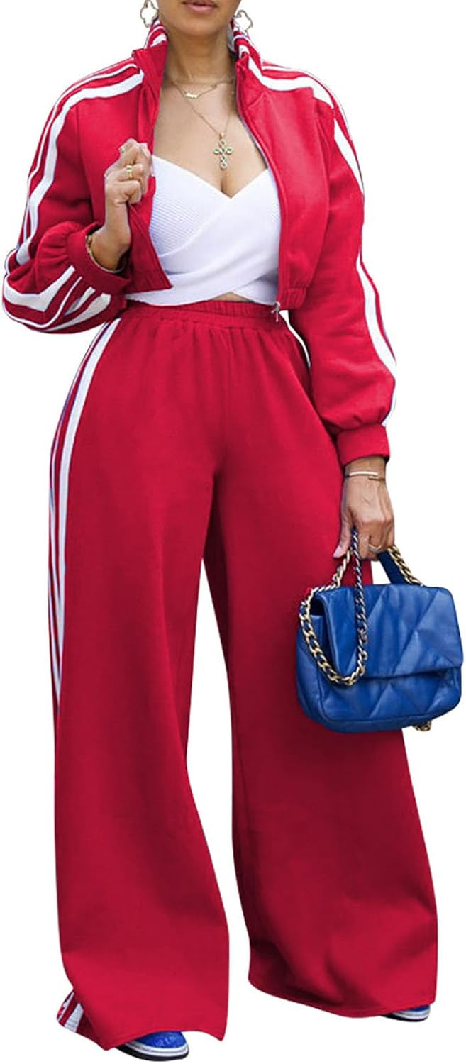 Sweatsuits Women 2 Piece Outfit Striped Tracksuit Long Sleeve Zipper Crop Jacket Wide Leg Sweatpants Set | Amazon (US)