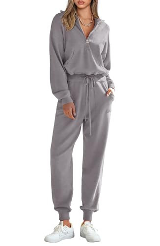 PRETTYGARDEN Women's 2 Piece Sweater Set Pullover Zip Up Sweatshirt Jogger Sweatpants Tracksuit Casual Outfit (Light Grey,Medium) | Amazon (US)