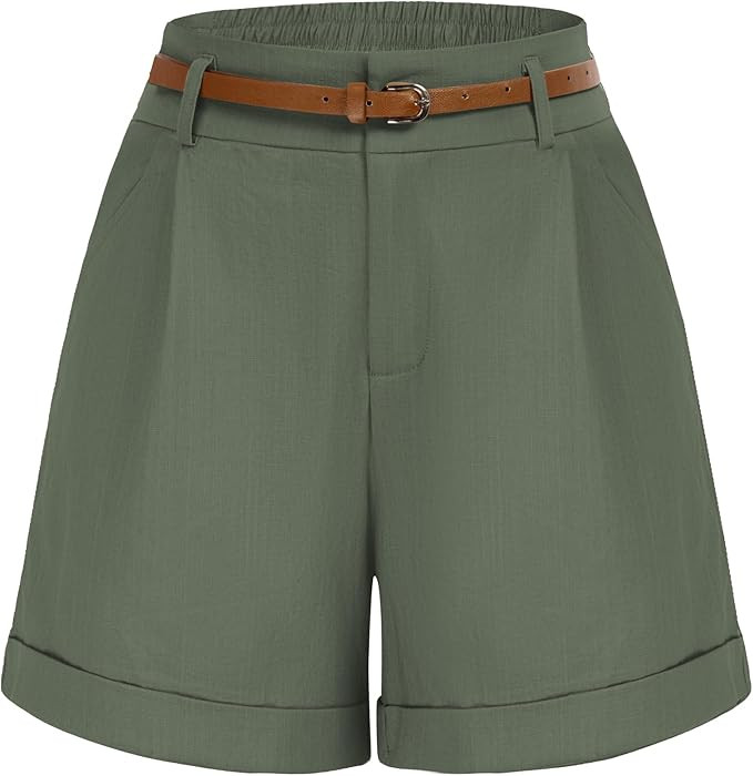 Belle Poque Women Bermuda Shorts Elastic Waist Wide Leg Shorts with Pockets & Belts | Amazon (US)