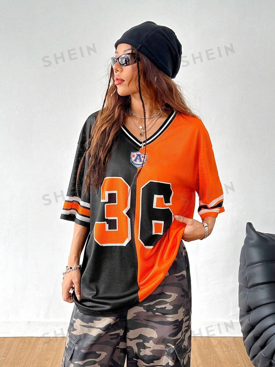 SHEIN Coolane Summer Fashionable Color-Block Football T-Shirt With Numeric Print And Breathable F... | SHEIN