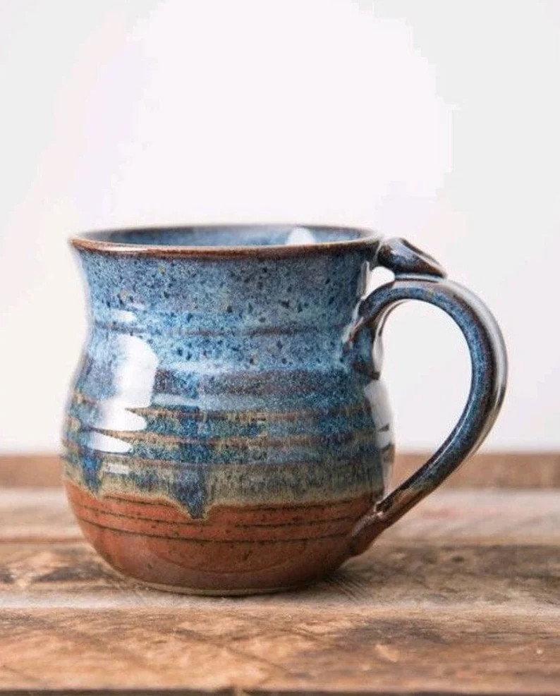 Blue and Rust Red Hand Thrown Stoneware Mug Clay Coffee Cup Thumb Rest - Etsy | Etsy (US)