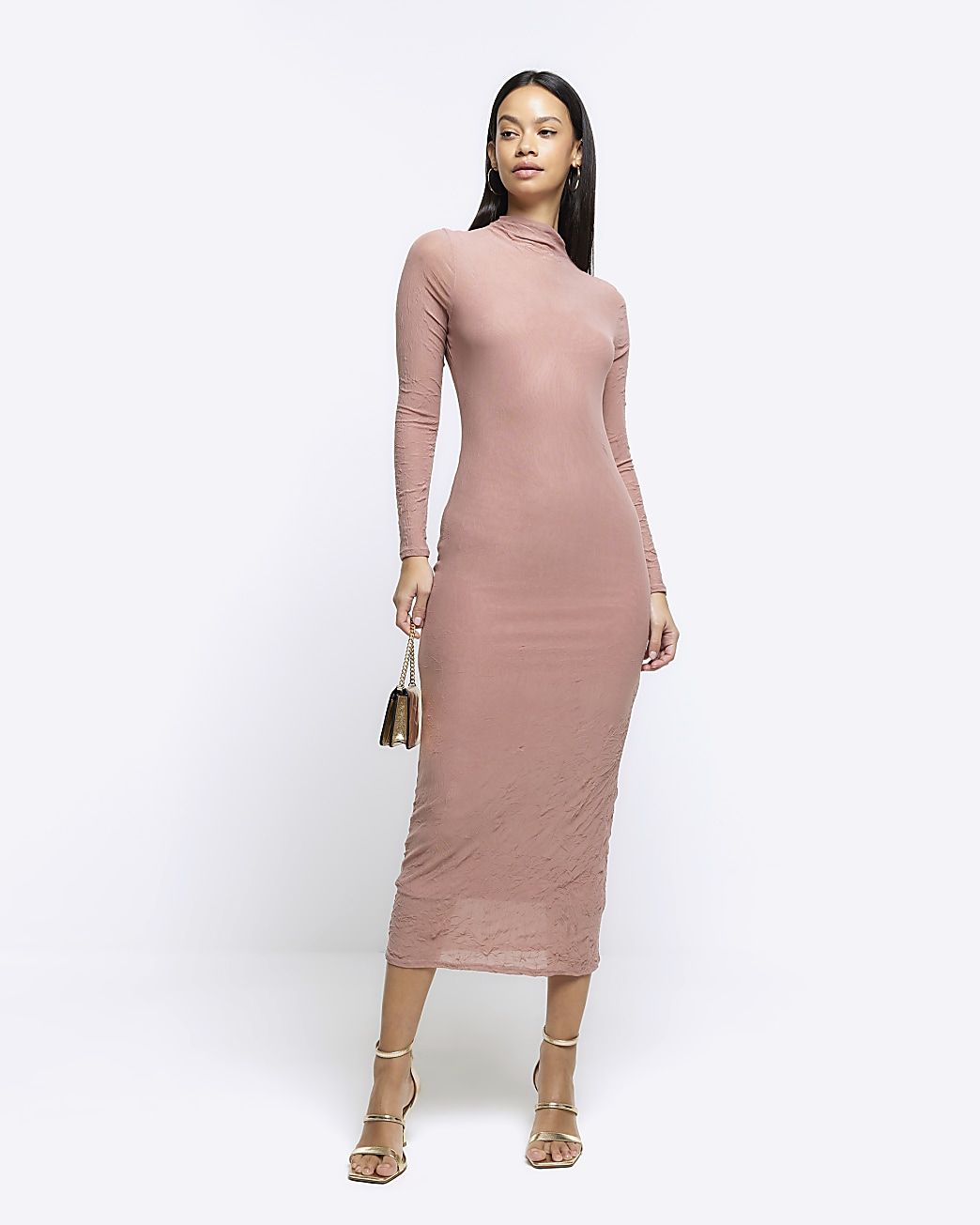 Pink mesh long sleeve bodycon midi dress | River Island (UK & IE)