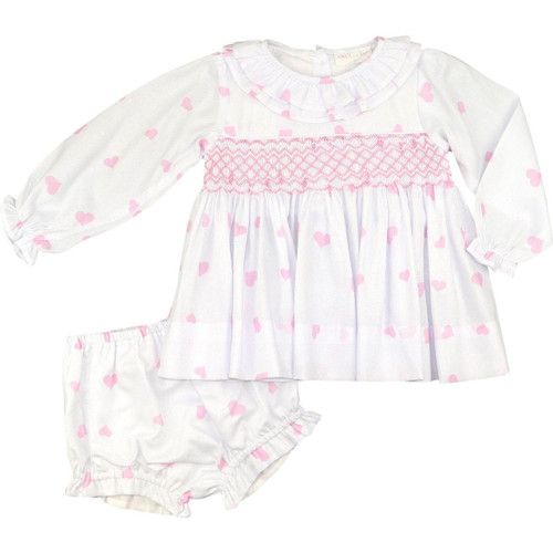 Pink And White Pique Smocked Hearts Diaper Set | Cecil and Lou