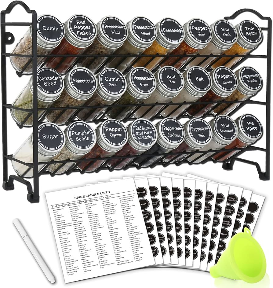SWOMMOLY Spice Rack Organizer with 24 Empty Round Spice Jars, 396 Spice Labels with Chalk Marker ... | Amazon (US)
