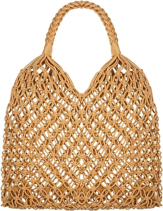 Travel Beach Fishing Net Handbag Woven Shoulder Bag Cotton Rope Macrame Bag Mesh Net Beach Bag Cr... | Amazon (US)
